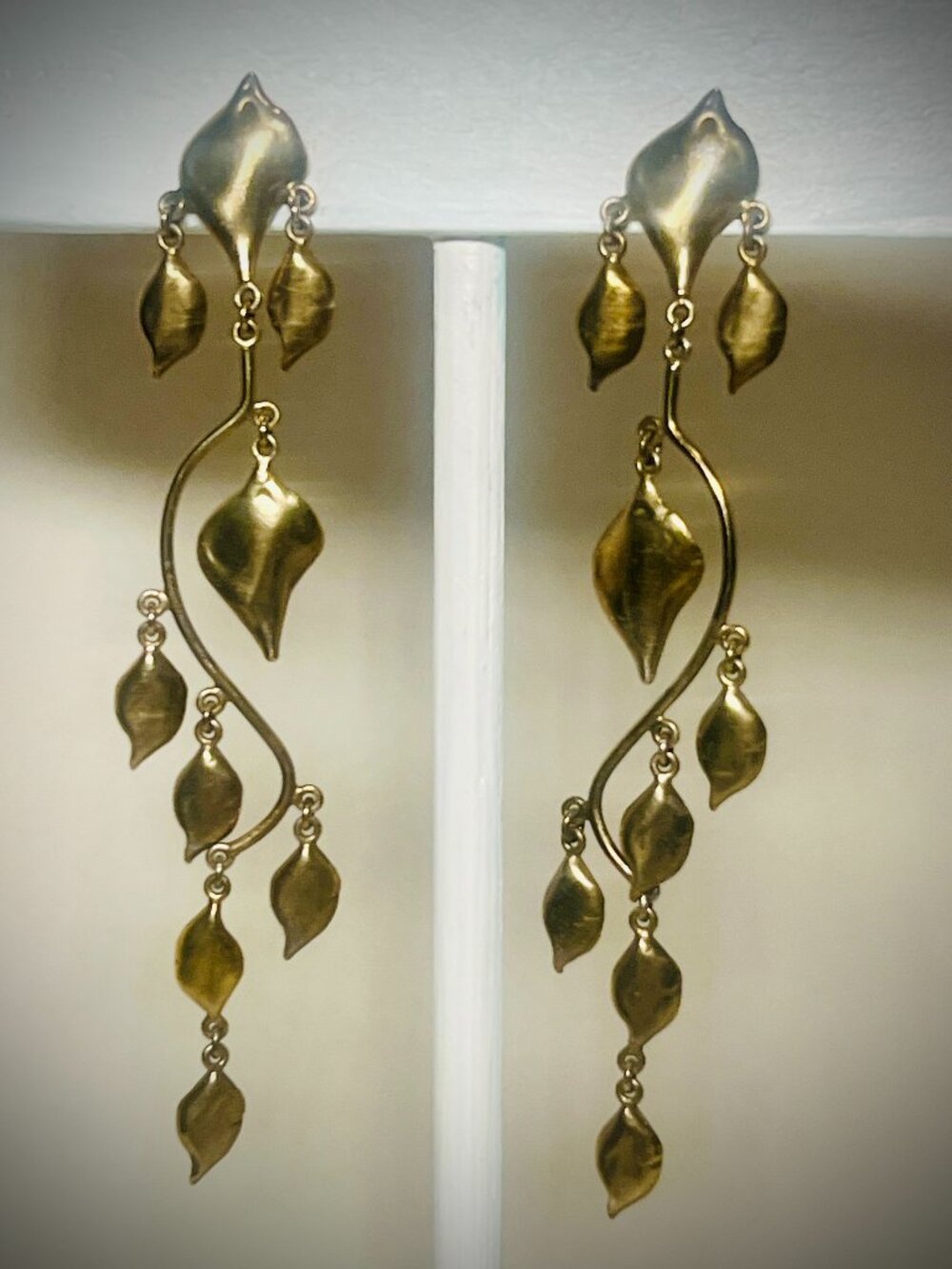 Autumn Leaf Dangling Earrings, Vintage 1990s, Brushed Golden Shoulder-Dusters
